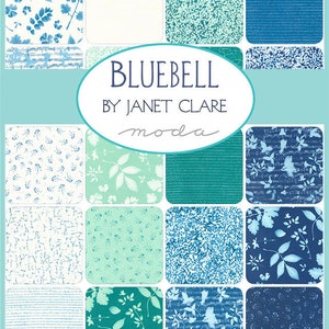 Bluebell Charm Pack, Moda 16960PP, 5" Inch Precut Quilt Fabric Squares, Blue Green Teal White Leafy Fabric, Janet Clare