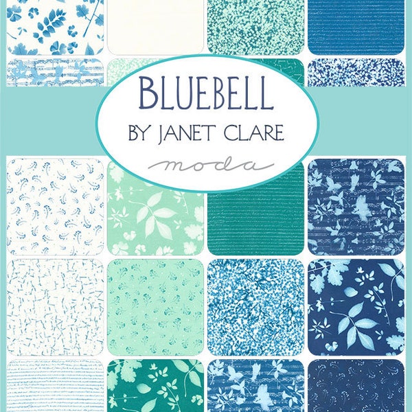 Bluebell Charm Pack, Moda 16960PP, 5" Inch Precut Quilt Fabric Squares, Blue Green Teal White Leafy Fabric, Janet Clare