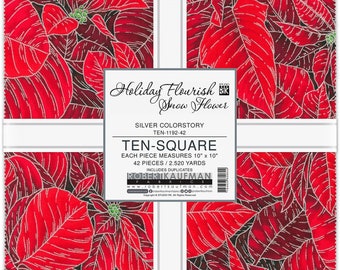 Holiday Flourish Snow Flower Silver Ten Square, Robert Kaufman TEN-1192-42, Red Silver Metallic Christmas Fabric, 10" Precut Fabric Squares