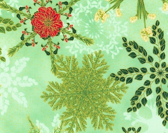 Holiday Flourish Snow Flowers - Mint Floral Snowflake Fabric, Robert Kaufman SRKM-21596-32 Mint, Christmas Xmas Quilt Fabric By the Yard