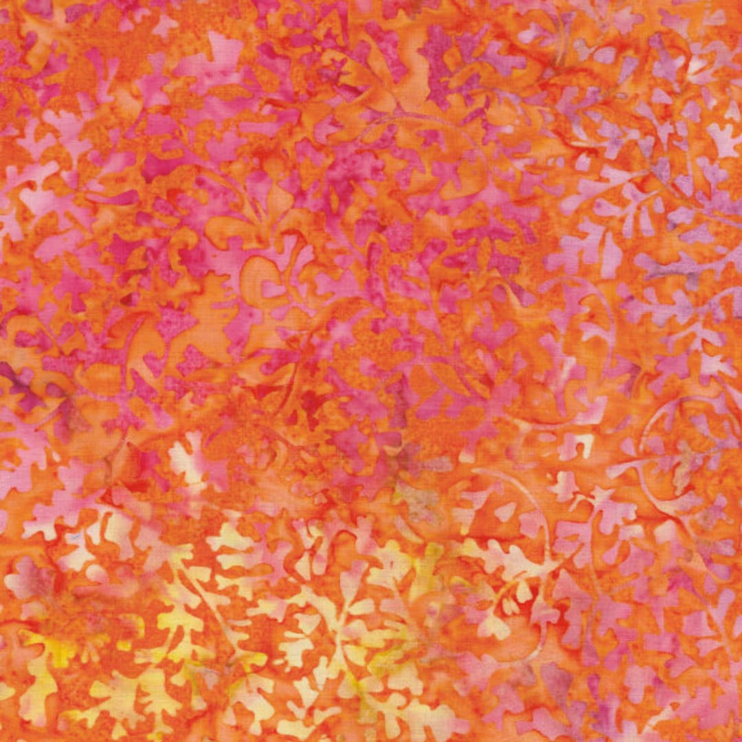 Batik Basics - Orange Pink Leaf Vine Batik Fabric, Island Batik BE18-C1 ...