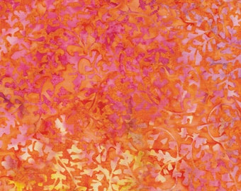 Batik Basics - Orange Pink Leaf Vine Batik Fabric, Island Batik BE18-C1 Nasturtium, Orange Pink Yellow Leaves Batiks, By the Yard