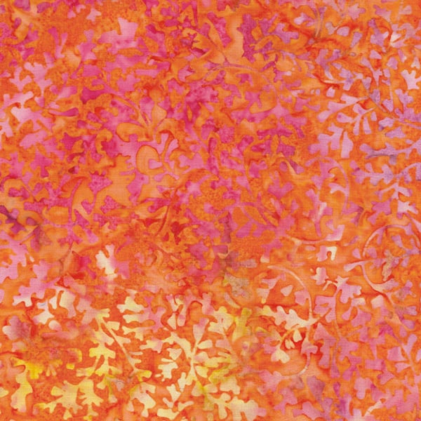 Batik Basics - Orange Pink Leaf Vine Batik Fabric, Island Batik BE18-C1 Nasturtium, Orange Pink Yellow Leaves Batiks, By the Yard