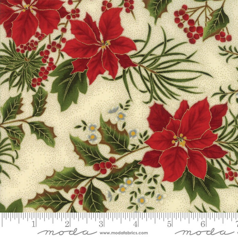 Greenery Fabric-Beautiful Striped Gold,Poinsettias
