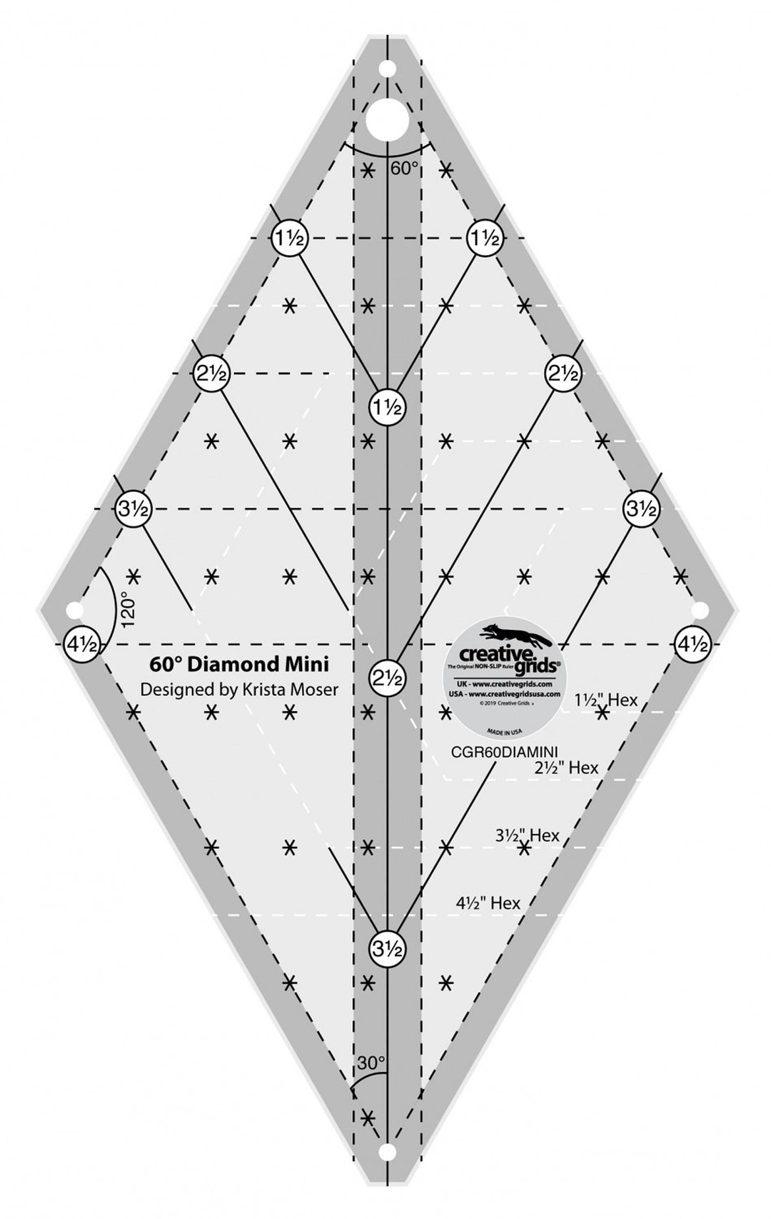60 Degree Mini Diamond Ruler, Creative Grids CGR60DIAMINI, Diamond Mini ...