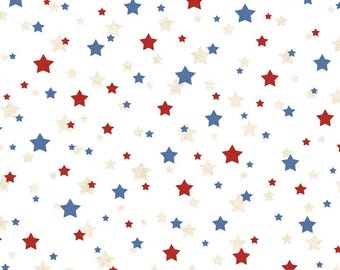 108" Star Spangled - Blue Red Beige Stars on White Patriotic Wide Quilt Back Fabric, P & B Textiles STSW6170-WMU, QOV FOH, By the Yard