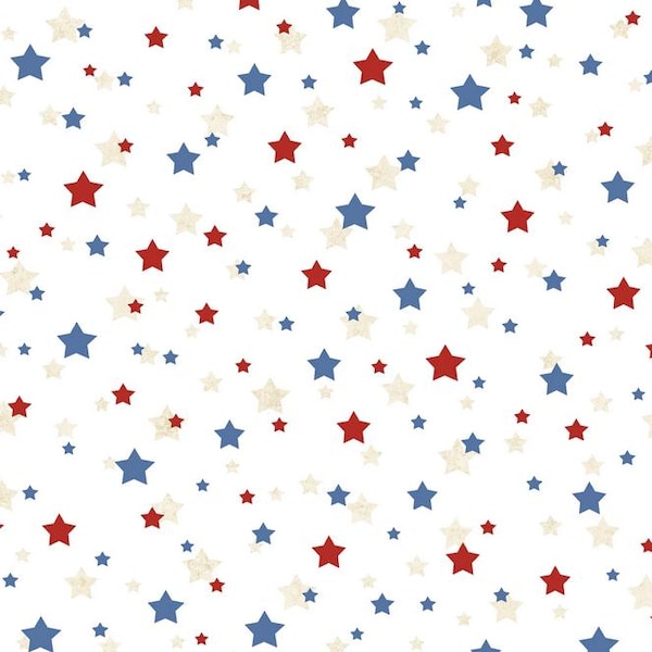 108" Star Spangled - Blue Red Beige Stars on White Patriotic Wide Quilt Back Fabric, P & B Textiles STSW6170-WMU, QOV FOH, By the Yard
