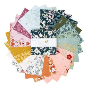 Garden Dreams 5&quot; Stacker, Riley Blake 5-15090-42, 5&quot; Precut Pink Green Mustard Orange Floral Fabric Squares, Amber Elliot