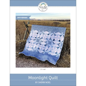 May include: A blue and white quilt with a geometric pattern, displayed on a wooden fence. The quilt measures 72 x 88 inches and is labeled "Moonlight Quilt" by Sherri Noel. The quilt features a gradient of blue hues.