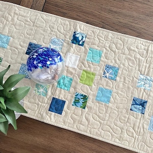 Blue Green Tan Coastal Quilted Table Runner, 15.5&quot; x 54&quot;, Moda Serena Shores Table Topper Quilt