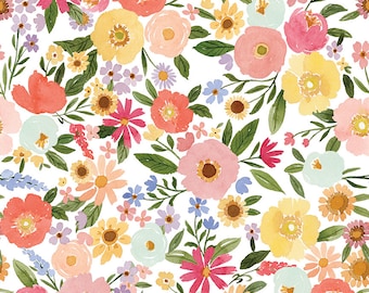 Flora No 6 - Main Pastel Floral Fabric, Riley Blake C14460-Cloud, Multicolored Floral Cotton Fabric, Echo Park Paper Co