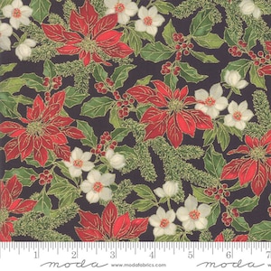 May include: A fabric with a dark background featuring a repeating pattern of red poinsettias, white flowers, green holly leaves, and red berries. The flowers and leaves are outlined in gold. The fabric is suitable for holiday-themed crafts.