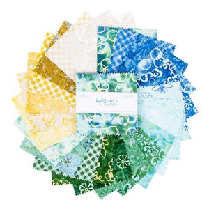 May include: A circular arrangement of fabric squares in shades of yellow, green, and blue. The fabric features various patterns, including gingham, floral, and abstract designs. A label reads "Watercolor Daisies."