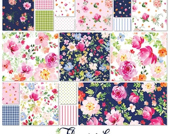 Flourish 5" Squares, Clothworks SQ0462, Pink Blue Green Floral Charm Pack, 5" Inch Precut Fabric Squares, Heatherlee Chan