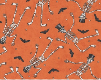 LAST CALL Ghostly Greetings - Pumpkin Halloween Skeleton Fabric, Moda 56042 12, Orange Dancing Skeletons Halloween Fabric, By the Yard
