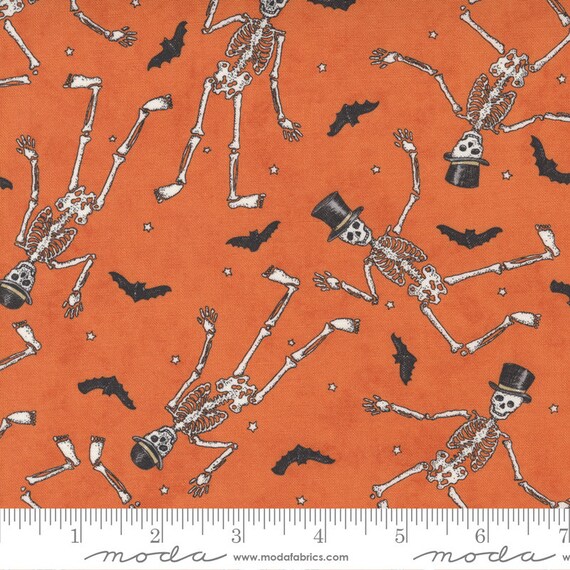 LAST CALL Ghostly Greetings - Pumpkin Halloween Skeleton Fabric, Moda 56042 12, Orange Dancing Skeletons Halloween Fabric, By the Yard
