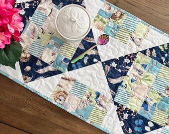 Nature Study Quilted Table Runner, 16.5" x 48", Blue Green Birds Nest Eggs Table Topper Quilt,