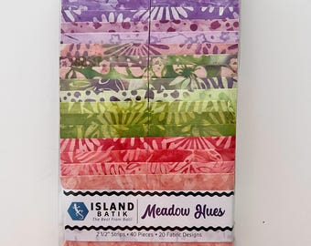 Meadow Hues Strip Pack, Island Batik, Batik Jelly Roll, 2.5" Precut Pink Green Purple Batik Fabric Strips