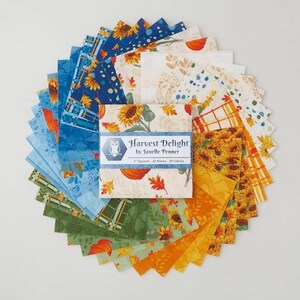 May include: A stack of 42 fabric squares labeled Harvest Delight by Janelle Penner, measuring 5 inches. The collection features various patterns including sunflowers, autumn leaves, pumpkins, and plaid designs in shades of blue, green, orange, and yellow.