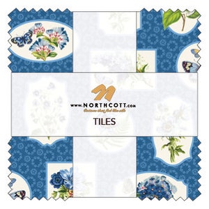 LAST CALL Something Blue Tiles, Northcott TSOME42-10, 10&quot; Precut Blue Green Floral Cotton Quilt Fabric Squares