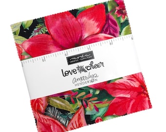 Love and Cheer 5" Charm Pack, Moda 21830PP, 5" Precut Modern Christmas Xmas Cardinals Charm Pack Fabric Squares, Amarilys Henderson