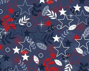 America the Beautiful - Stars Leaves Patriotic Dark Blue Fabric, P & B Textiles AMTB5345-DB, QOV Patriotic Fabric By the Yard