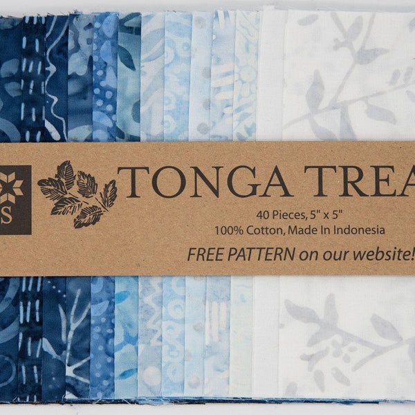 DESTASH Tonga Blue Moon Batik 5" Squares, Timeless Treasures Treat-Mini Blue Moon, 5" Precut Blue White Batik Charm Pack Fabric Squares