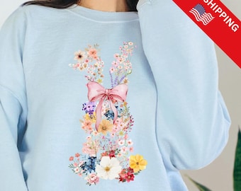 Floral Bunny Easter Shirt, Easter Sweatshirt, Coquette Bow Easter Tshirt, Easter Rabbit Shirt, Easter Shirts for Women, Easter Bunny Shirt