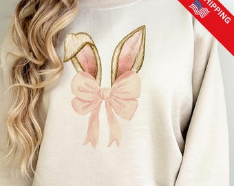 Bonita camiseta con orejas de conejo y lazo, sudadera con lazo, coqueta de Pascua, regalo de feliz día de Pascua, bonita camiseta de conejito de Pascua, camiseta de conejo coqueta