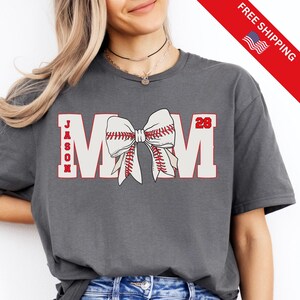 Custom Baseball Mom Shirt With Name, Coquette Baseball Bow Shirt, Baseball Mom Gift, Baseball Mom Shirt Number Game Day, Baseball Mom Shirt