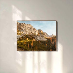 Autumn forest and Mountain Landscape Photography, Golden Hour Dolomites print, Rustic mountain home decor, italian woodland nature wall art