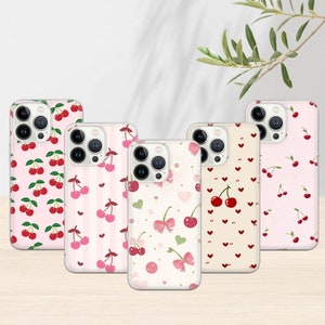 Red cherry Phone Case Cute bow Cover for iPhone 16 Pro, 15, 14, 13, 12, 11, X, 8, 7 Google Pixel 9 Pro, 8, 7A, Samsung S25, S24 FE, A26, A36