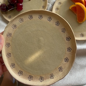 Pre-order - Sunwashed Blooms. Set of 4 Handcrafted Stoneware Plates with Rustic Red Floral Detail. Raw Finish Tableware