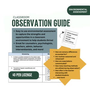 Classroom Observation (Ecological/Environmental Assessment) K-12, Special Education, General Education, Resource