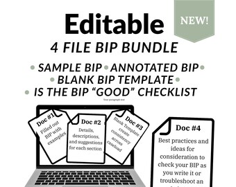 May include: An image promoting an editable 4-file BIP bundle. The image shows a laptop with documents labeled Doc #1 through Doc #4. The documents provide examples, details, and best practices for BIP creation.