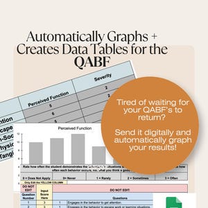May include: A screenshot of a Google Sheet with a table and a graph. The table has a column for question number, input score, and questions. The graph shows the frequency of different behaviors. The text "Automatically Graphs + Creates Data Tables for the QABF" is at the top of the image. The text "Tired of waiting for your QABF's to return? Send it digitally and automatically graph your results!" is in a orange box on the right side of the image.