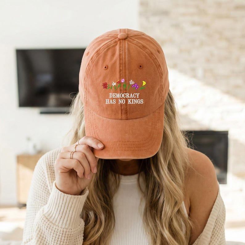 Democracy Has No Kings Baseball Cap, Embroidered Floral Design Poltical Hat, Social Justice Hat, Anti Maga Hat, Rejecting Kings Hat image 2