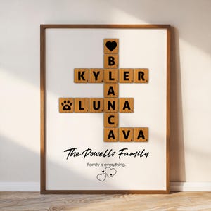 May include: A framed print with a white background and a wooden frame. The print features a scrabble tile design spelling out the names "KYLER", "AVA", "LUNA", and "BAC" with a heart and paw print tile. The text "The Powells Family" and "Family is everything." is printed below the tiles.