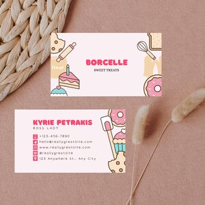 Sugar, Spice & Everything Nice, bewerkbaar visitekaartje canvas, snoepwinkel visitekaartje, sjabloondownload afdrukbaar roze klant