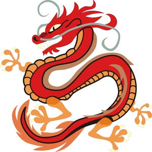 May include: A vibrant illustration of a red dragon with orange and brown detailing. The dragon features a sinuous body, sharp claws, and a detailed head with whiskers, set against a white backdrop.