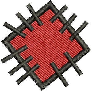 Puede incluir: Un parche rojo en forma de diamante con un borde negro y detalles de puntada de cruz. El parche tiene una apariencia texturizada, con puntadas negras que se extienden desde el borde. Adecuado para ropa o proyectos de manualidades.