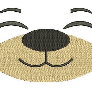 May include: Embroidered design of a smiling animal face. Features black eyebrows, a black nose, and a tan oval-shaped mouth with a black outline. The design is likely for an applique or patch.