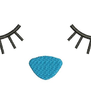 May include: An embroidered design featuring two black eyelashes and a turquoise nose on a white background. The eyelashes are curved and have several vertical lines extending downward. The nose is a small, textured shape.