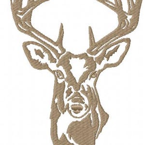 May include: A detailed embroidery design of a deer's head with large antlers. The image features a brown color scheme, with the deer's face and antlers intricately stitched against a white background. The design is suitable for apparel or home decor.