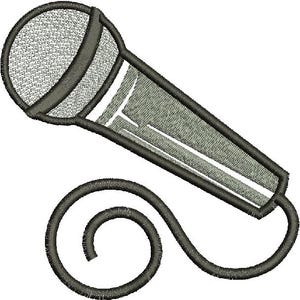 May include: An embroidered design of a microphone with a gray head and body, outlined in black. The microphone's cord is also black and curls into a spiral. The design is on a white background.
