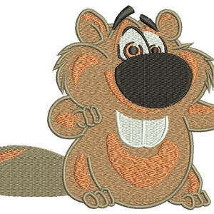 Op de afbeelding: Geborduurde cartoonbever met een grote zwarte neus, witte tanden en oranje accenten. De bever staat in een vriendelijke pose en geeft een duim omhoog. Het ontwerp is in bruin- en beigetinten.