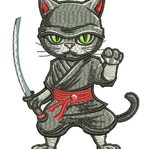 May include: Embroidered design of a ninja cat in a fighting stance, holding a silver katana. The cat wears a gray ninja outfit with a red belt and has green eyes. The design is on a white background.