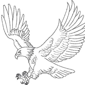 May include: A black and white line drawing of an eagle in flight with its wings spread wide. The eagle is depicted with a sharp beak and talons.