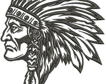 May include: Black and white line art illustration of a Native American man wearing a headdress with feathers. The man is looking to the side with a serious expression.