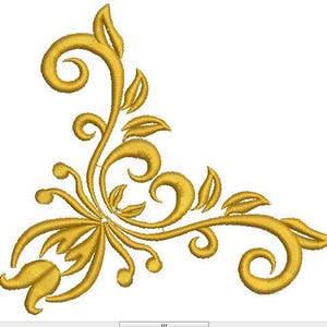 Op de afbeelding: Gouden geborduurd bloemenhoekontwerp met wervelende ranken, bladeren en krullen. Het ontwerp staat tegen een witte achtergrond en is geschikt voor diverse knutsel- en decoratieprojecten.